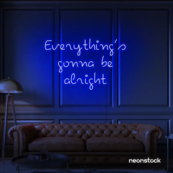 Everything's Gonna Be Alright neon sign in dark blue for calming interiors, wellness decor, and positive spaces.