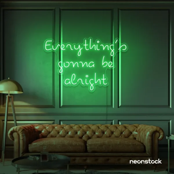 Everything's Gonna Be Alright neon sign in green for calming interiors, wellness decor, and positive spaces.