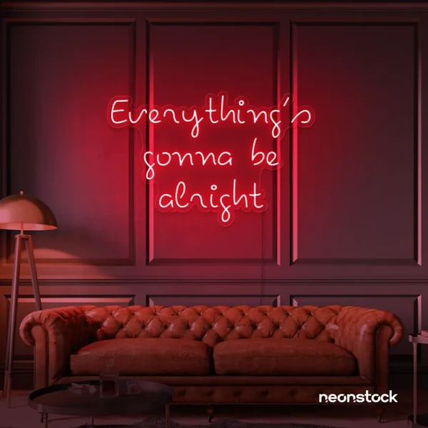 Everything's Gonna Be Alright neon sign in red for calming interiors, wellness decor, and positive spaces.