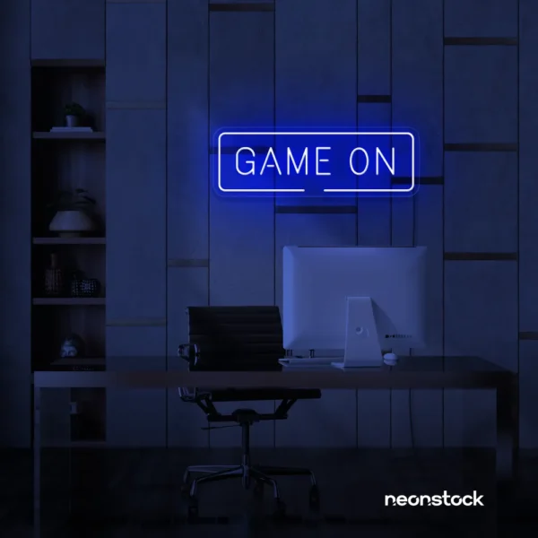 Game On neon sign in dark blue for gaming setups, man caves, and kids' rooms.