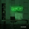 Game On neon sign in deep green for gaming setups, man caves, and kids' rooms.