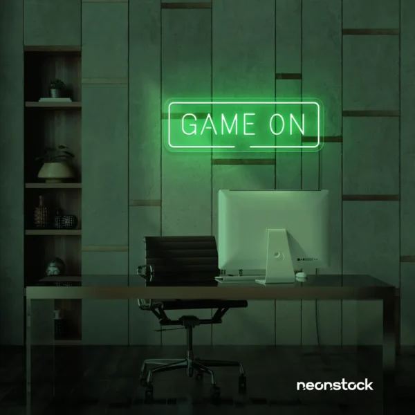 Game On neon sign in green for gaming setups, man caves, and kids' rooms.