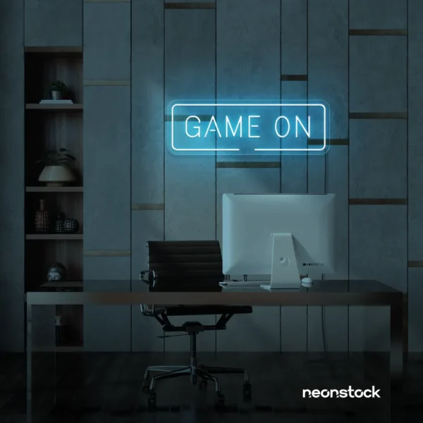 Game On neon sign in ice blue for gaming setups, man caves, and kids' rooms.