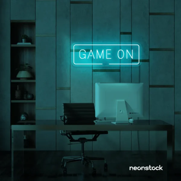 Game On neon sign in mint green for gaming setups, man caves, and kids' rooms.