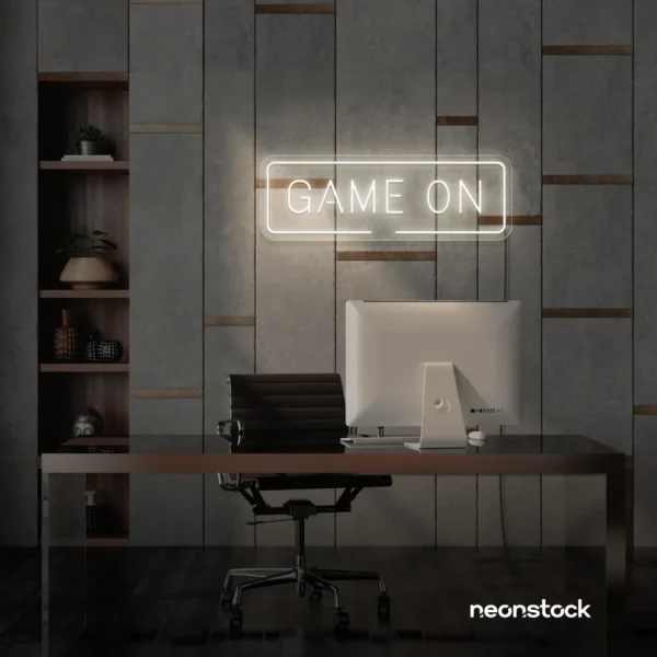 Game On neon sign in neutral white for gaming setups, man caves, and kids' rooms.