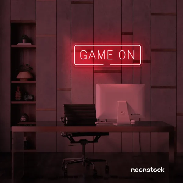 Game On neon sign in red for gaming setups, man caves, and kids' rooms.