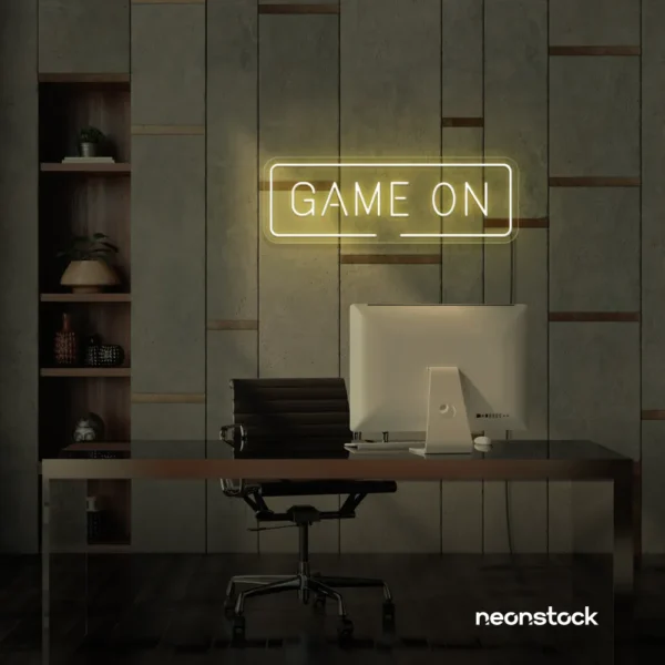 Game On neon sign in warm white for gaming setups, man caves, and kids' rooms.