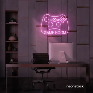 Gaming controller neon sign in baby pink for game rooms, stream setups, and kids' walls.