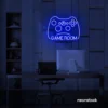 Gaming controller neon sign in dark blue for game rooms, stream setups, and kids' walls.
