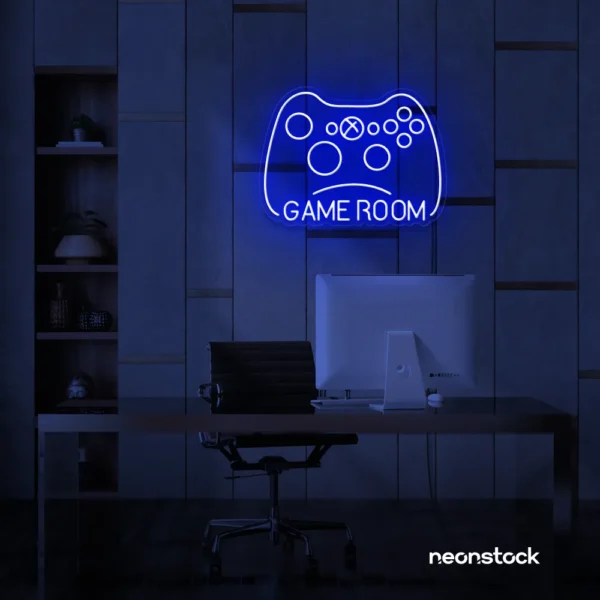Gaming controller neon sign in dark blue for game rooms, stream setups, and kids' walls.
