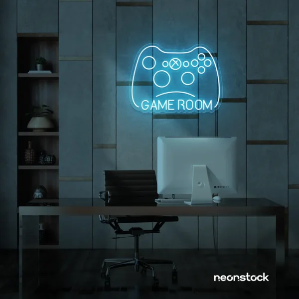 Gaming controller neon sign in ice blue for game rooms, stream setups, and kids' walls.