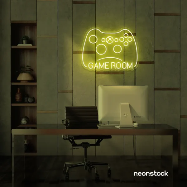 Gaming controller neon sign in lemon yellow for game rooms, stream setups, and kids' walls.