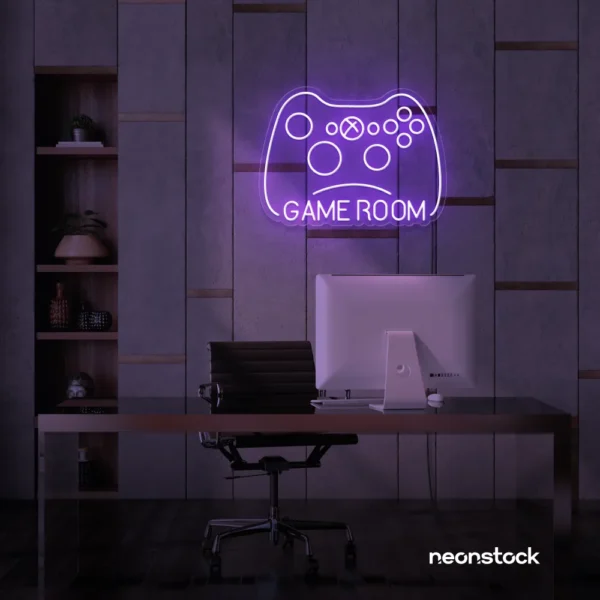 Gaming controller neon sign in purple for game rooms, stream setups, and kids' walls.