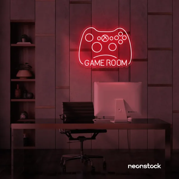 Gaming controller neon sign in red for game rooms, stream setups, and kids' walls.