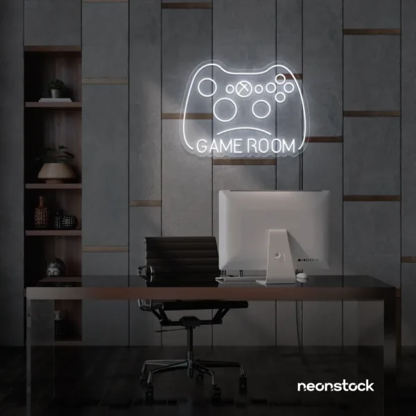 Gaming controller neon sign in white for game rooms, stream setups, and kids' walls.