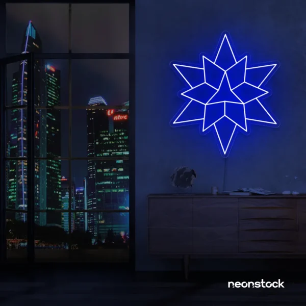Geometric neon sign in dark blue – stylish LED wall decor for modern interiors.
