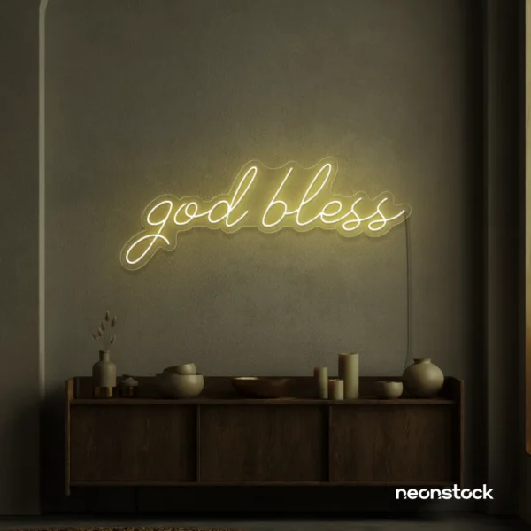 God Bless neon sign in white for baptism celebrations, religious events, and spiritual decor.