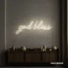 God Bless neon sign in neutral white for baptism celebrations, religious events, and spiritual decor.