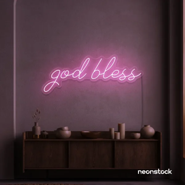 God Bless neon sign in baby pink for baptism celebrations, religious events, and spiritual decor.