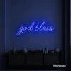 God Bless neon sign in dark blue for baptism celebrations, religious events, and spiritual decor.