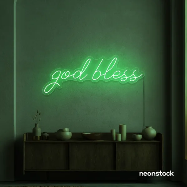 God Bless neon sign in green for baptism celebrations, religious events, and spiritual decor.