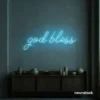 God Bless neon sign in ice blue for baptism celebrations, religious events, and spiritual decor.