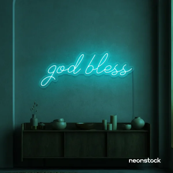 God Bless neon sign in mint green for baptism celebrations, religious events, and spiritual decor.