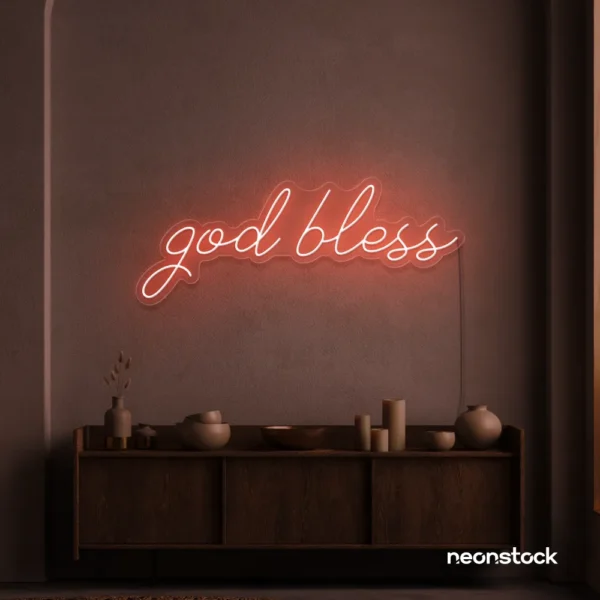 God Bless neon sign in peachy pink for baptism celebrations, religious events, and spiritual decor.