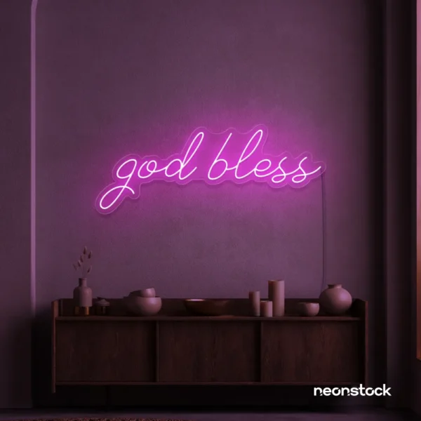 God Bless neon sign in pink for baptism celebrations, religious events, and spiritual decor.
