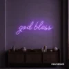 God Bless neon sign in purple for baptism celebrations, religious events, and spiritual decor.