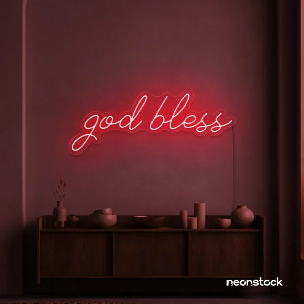 God Bless neon sign in red for baptism celebrations, religious events, and spiritual decor.