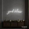 God Bless neon sign in white for baptism celebrations, religious events, and spiritual decor.