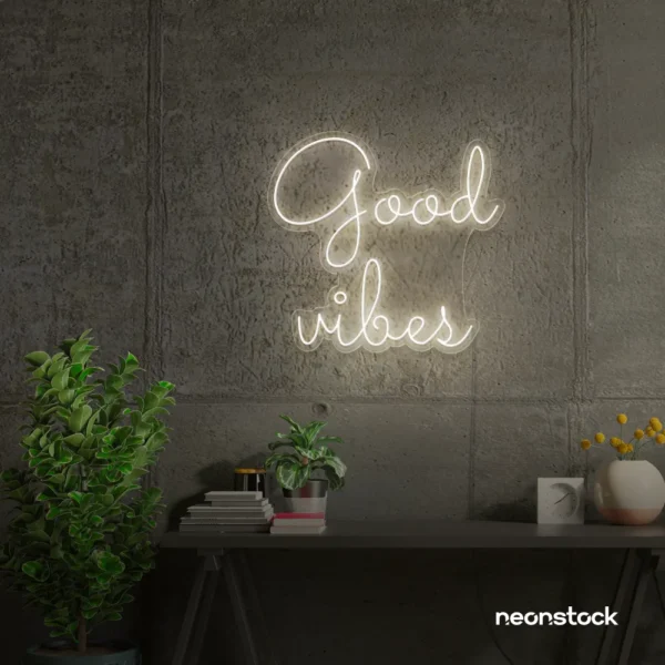 Good Vibes neon sign in neutral white for positive room decor, dorm walls, and relaxing interiors.