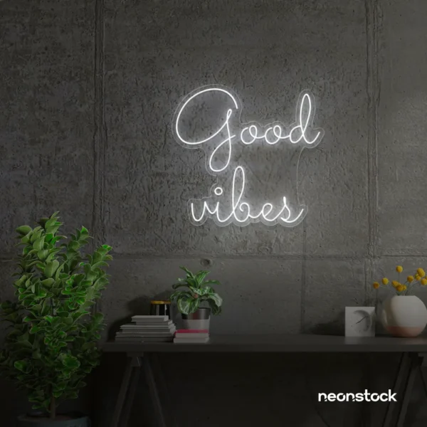 Good Vibes neon sign in white for positive room decor, dorm walls, and relaxing interiors.