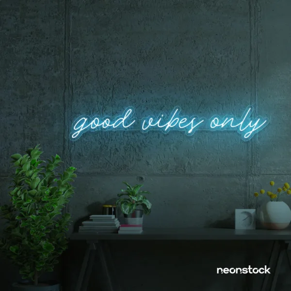 Good Vibes Only neon sign in ice blue for dorm rooms, coffee shops, and positivity-filled spaces.