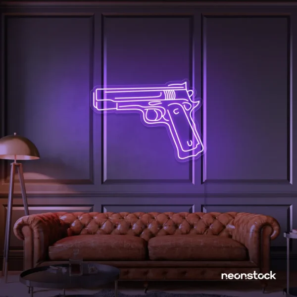 Gun neon sign in purple – edgy LED wall decor for modern spaces and game rooms.