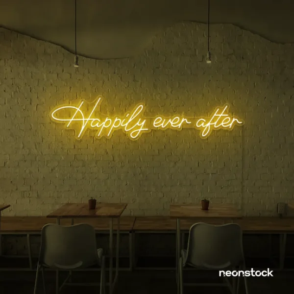 Happily Ever neon sign in golden yellow for wedding decor