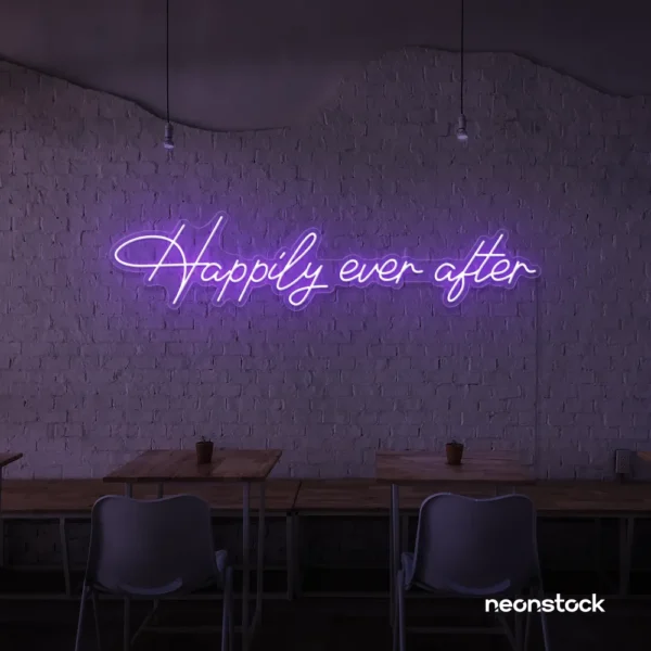 Happily Ever neon sign in purple for wedding decor