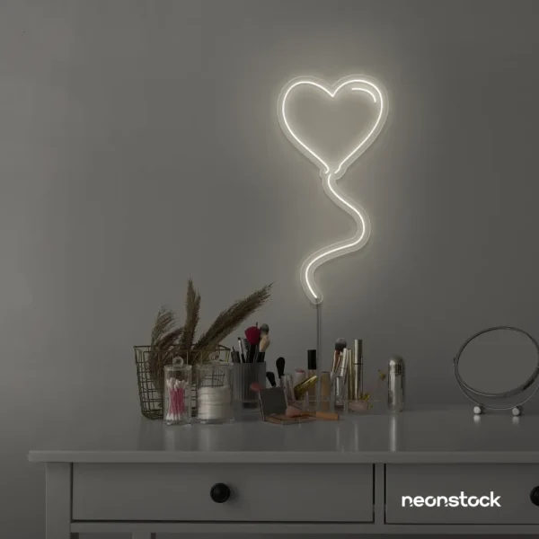 Heart balloon neon sign in neutral white for kids' rooms, Valentine's Day decor, and romantic wall styling.