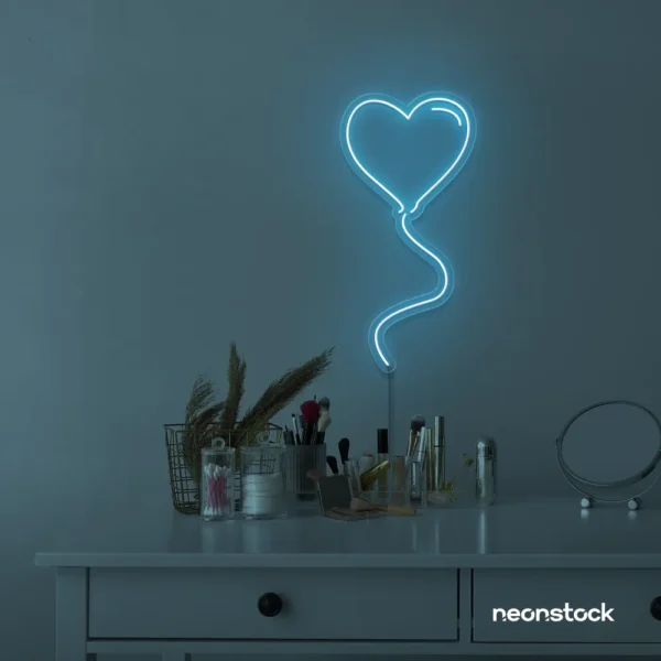 Heart balloon neon sign in ice blue for kids' rooms, Valentine's Day decor, and romantic wall styling.
