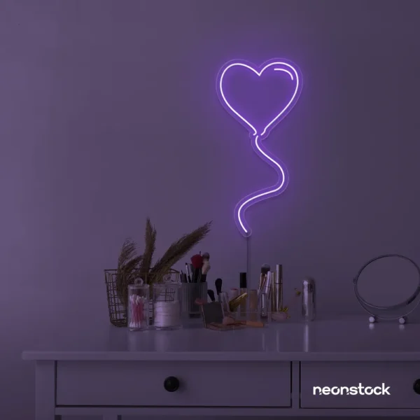 Heart balloon neon sign in purple for kids' rooms, Valentine's Day decor, and romantic wall styling.