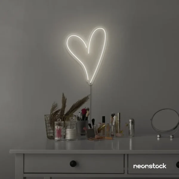 Heart neon sign in neutral white for beauty salons, home decor, dorm rooms, and Valentine's Day themes.