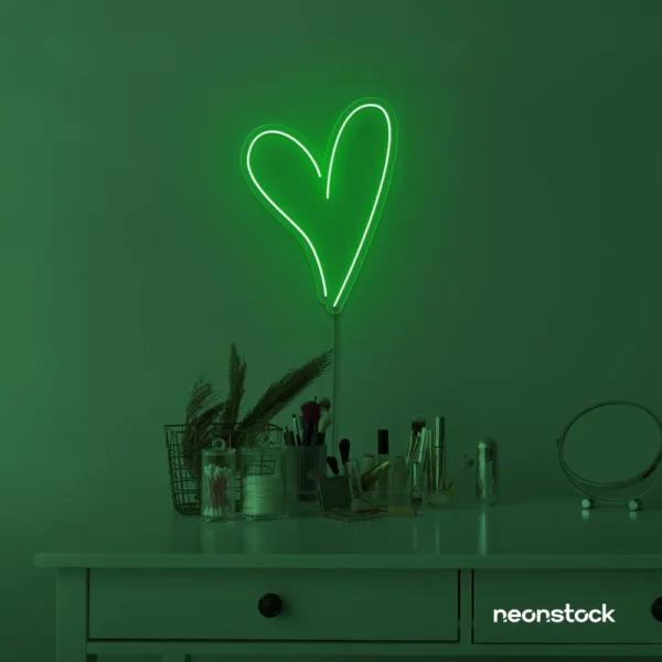 Heart neon sign in deep green for beauty salons, home decor, dorm rooms, and Valentine's Day themes.