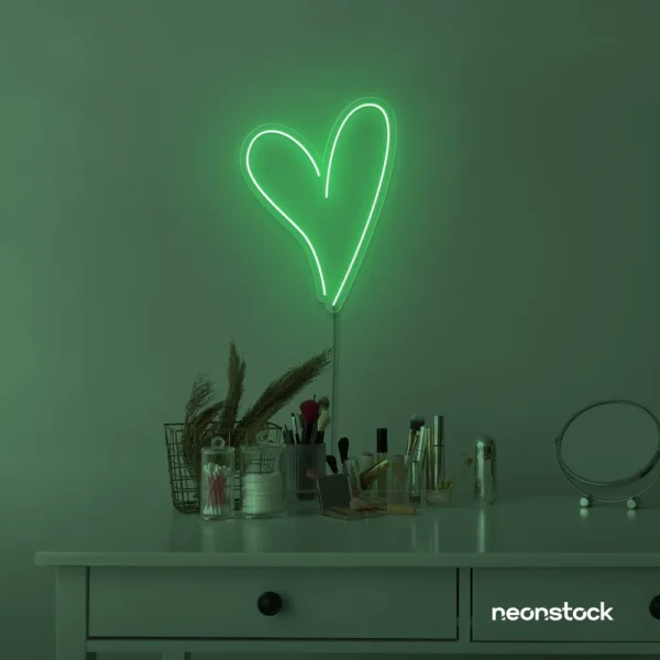 Heart neon sign in green for beauty salons, home decor, dorm rooms, and Valentine's Day themes.