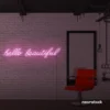 Hello Beautiful neon sign in baby pink for beauty salons, makeup rooms, and glam decor.