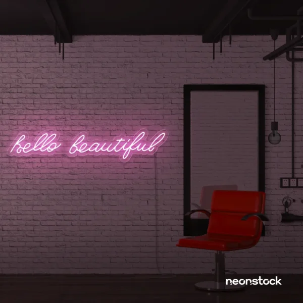 Hello Beautiful neon sign in baby pink for beauty salons, makeup rooms, and glam decor.