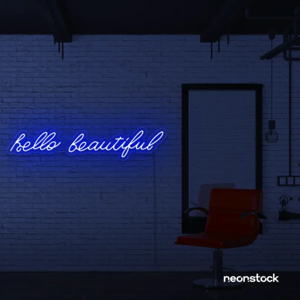 Hello Beautiful neon sign in dark blue for beauty salons, makeup rooms, and glam decor.
