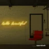 Hello Beautiful neon sign in golden yellow for beauty salons, makeup rooms, and glam decor.