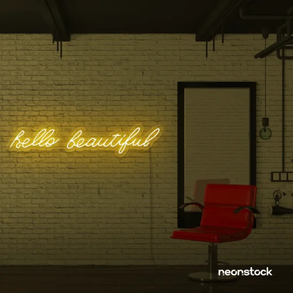 Hello Beautiful neon sign in golden yellow for beauty salons, makeup rooms, and glam decor.