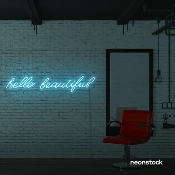 Hello Beautiful neon sign in ice blue for beauty salons, makeup rooms, and glam decor.